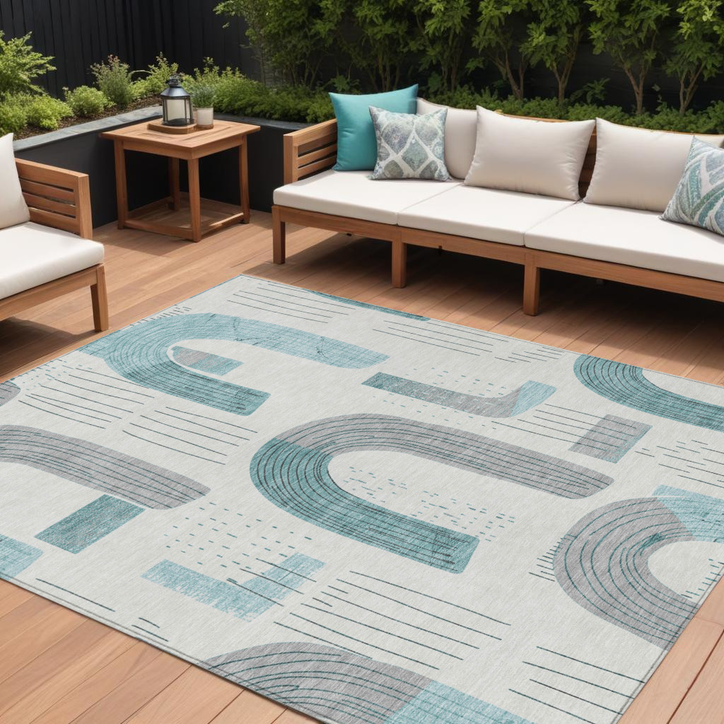 9' X 12' Teal Blue And Gray Geometric Washable Indoor Outdoor Area Rug-618128-1