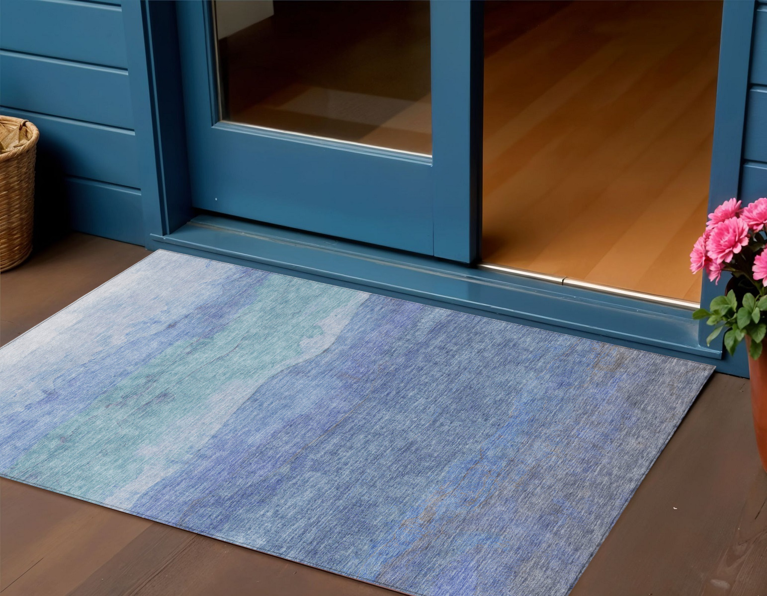 3' X 5' Blue Teal Blue And Sky Blue Abstract Washable Indoor Outdoor Area Rug-618136-1