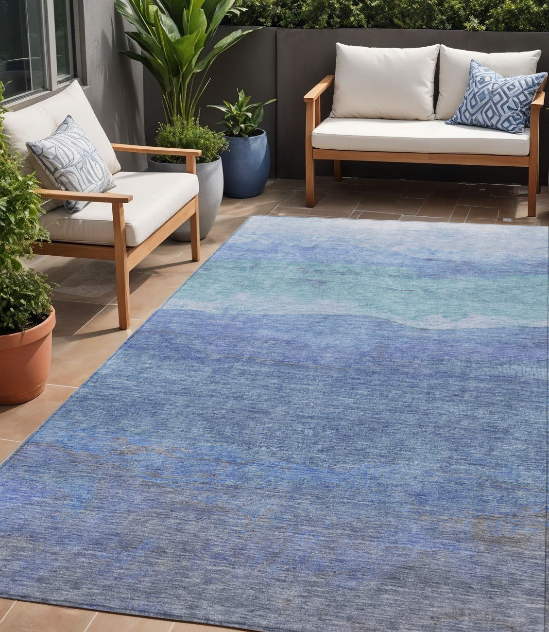 5' X 8' Blue Teal Blue And Sky Blue Abstract Washable Indoor Outdoor Area Rug-618137-1