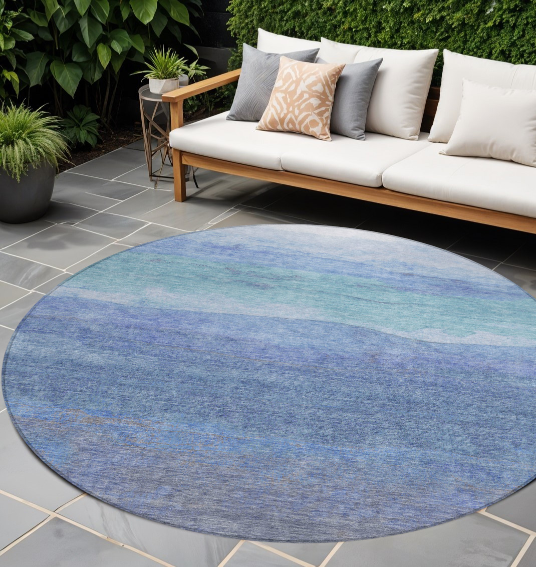 8' Blue Teal Blue And Sky Blue Round Abstract Washable Indoor Outdoor Area Rug-618138-1