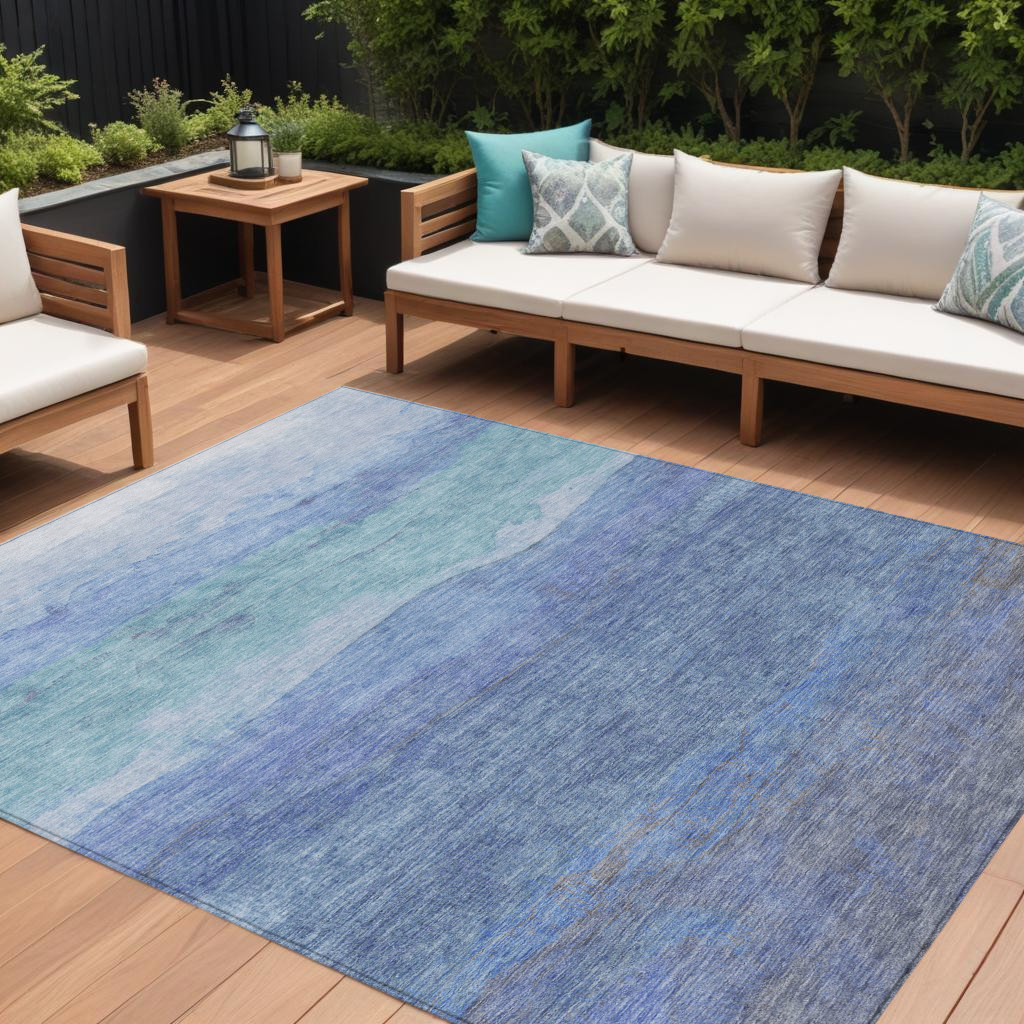 9' X 12' Blue Teal Blue And Sky Blue Abstract Washable Indoor Outdoor Area Rug-618140-1