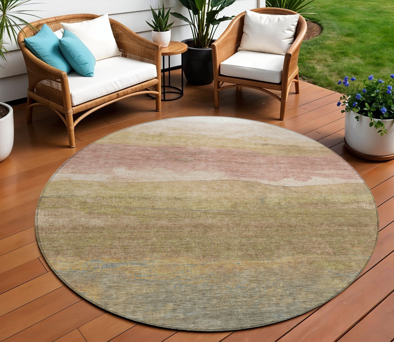 8' Tan And Beige Round Abstract Washable Indoor Outdoor Area Rug-618156-1