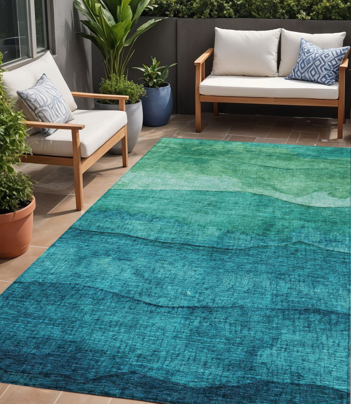 5' X 8' Teal Blue And Green Abstract Washable Indoor Outdoor Area Rug-618161-1
