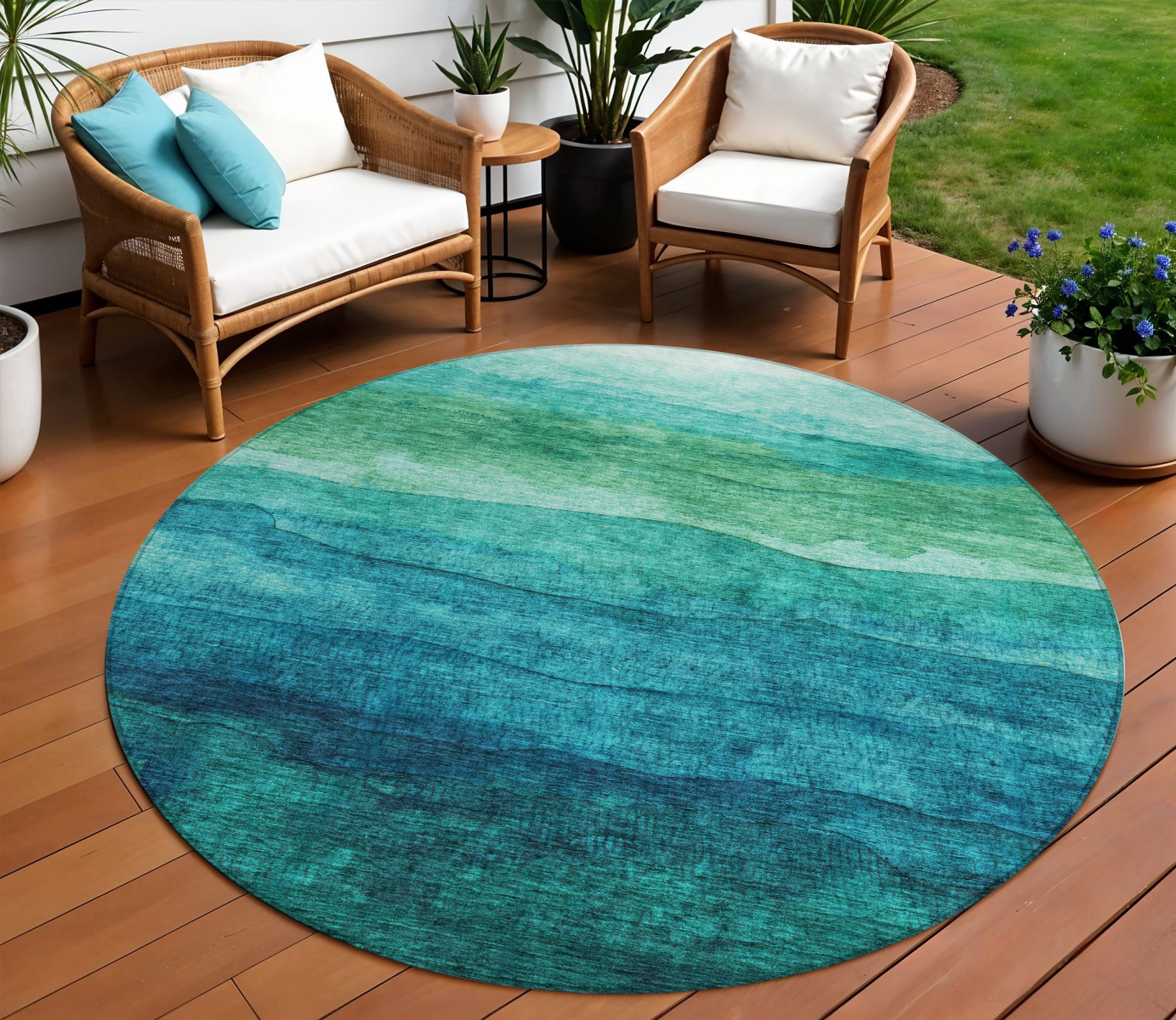 8' Teal Blue And Green Round Abstract Washable Indoor Outdoor Area Rug-618162-1