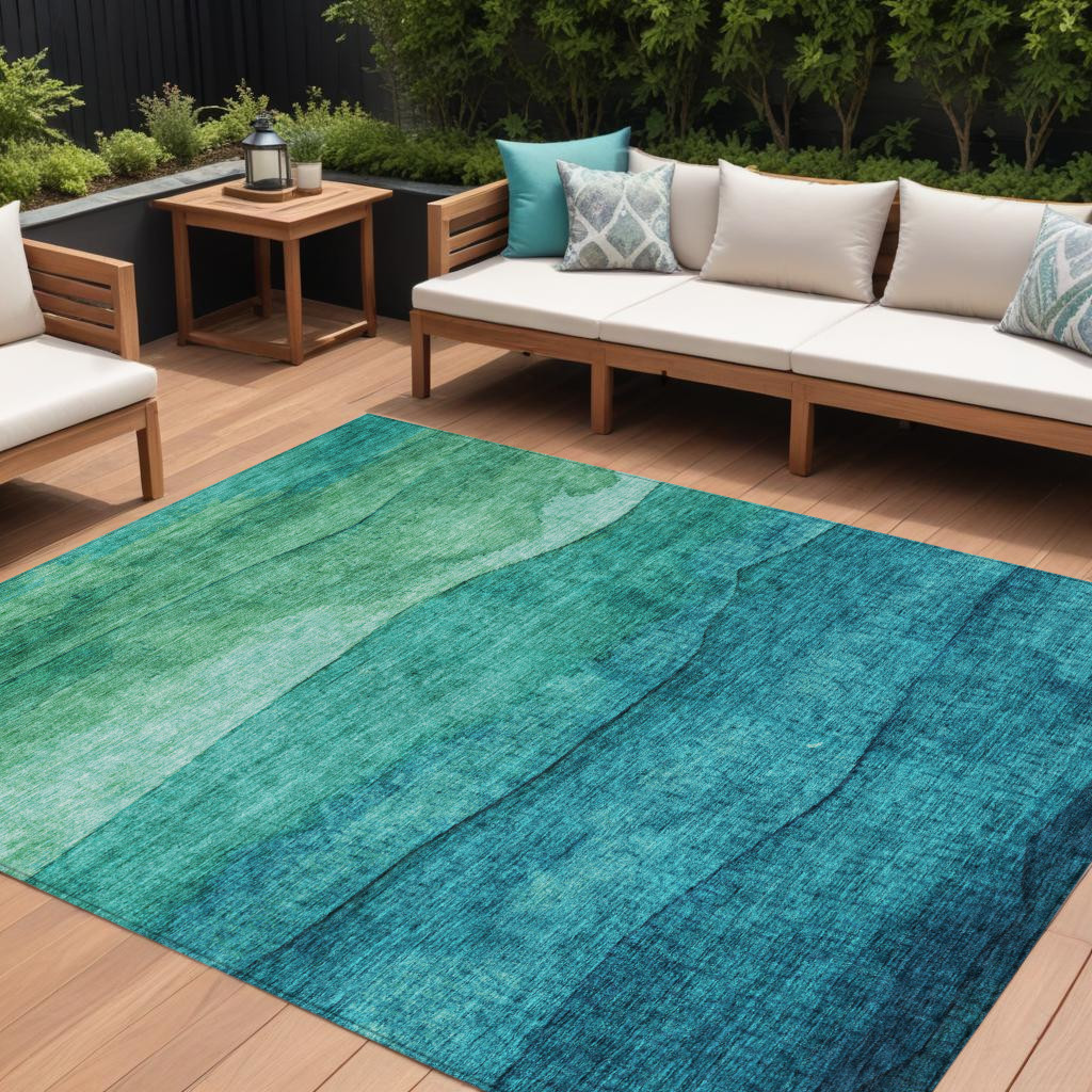 9' X 12' Teal Blue And Green Abstract Washable Indoor Outdoor Area Rug-618164-1