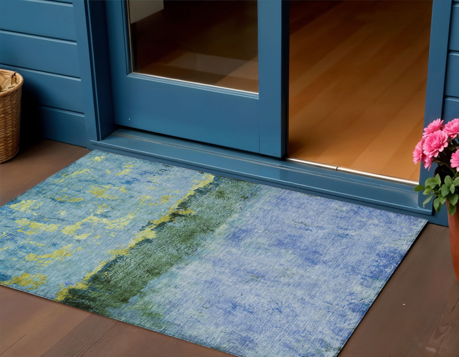 3' X 5' Blue And Lime Green Abstract Washable Indoor Outdoor Area Rug-618601-1