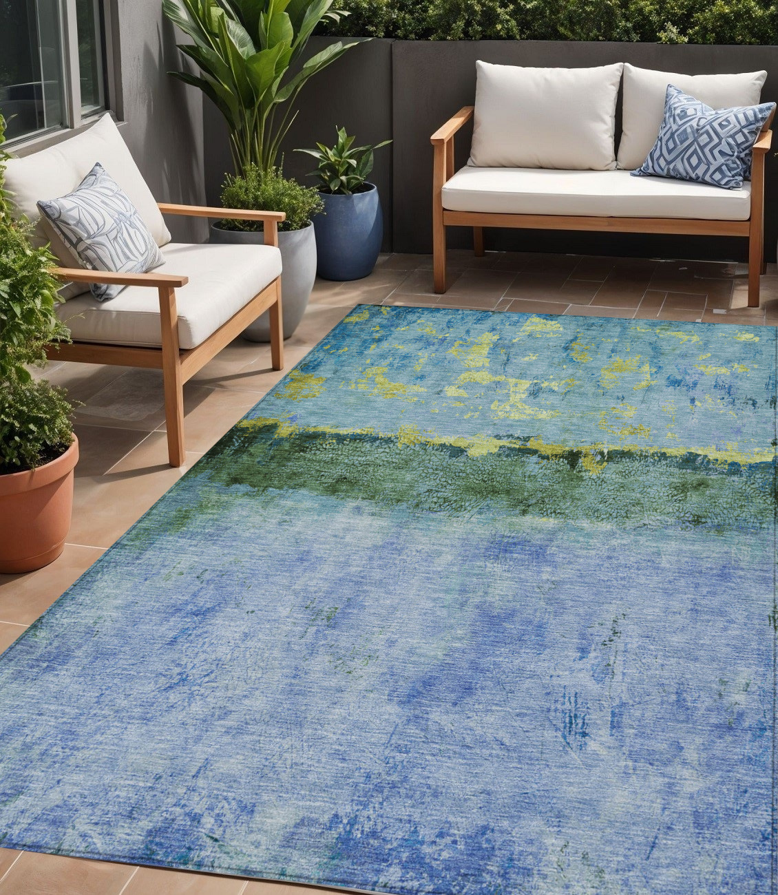5' X 8' Blue And Lime Green Abstract Washable Indoor Outdoor Area Rug-618602-1