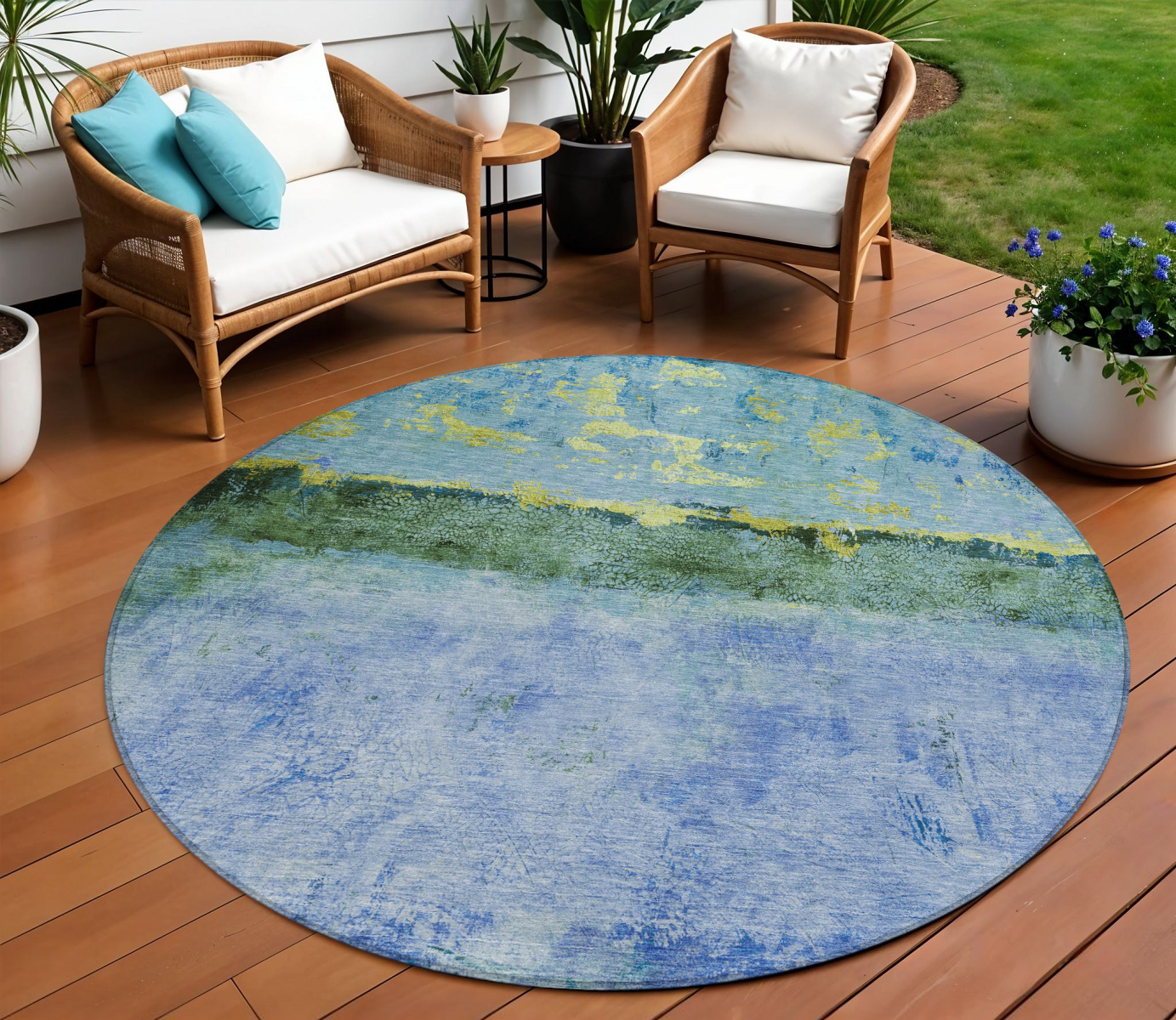 8' Blue And Lime Green Round Abstract Washable Indoor Outdoor Area Rug-618603-1