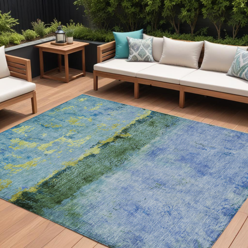 8' X 10' Blue And Lime Green Abstract Washable Indoor Outdoor Area Rug-618604-1