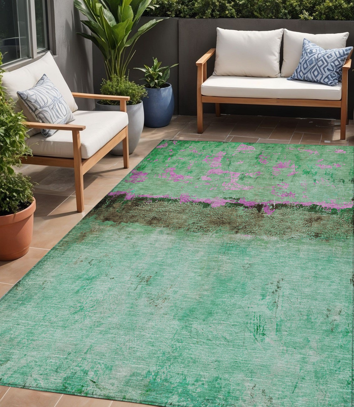 5' X 8' Green And Pink Abstract Washable Indoor Outdoor Area Rug-618608-1