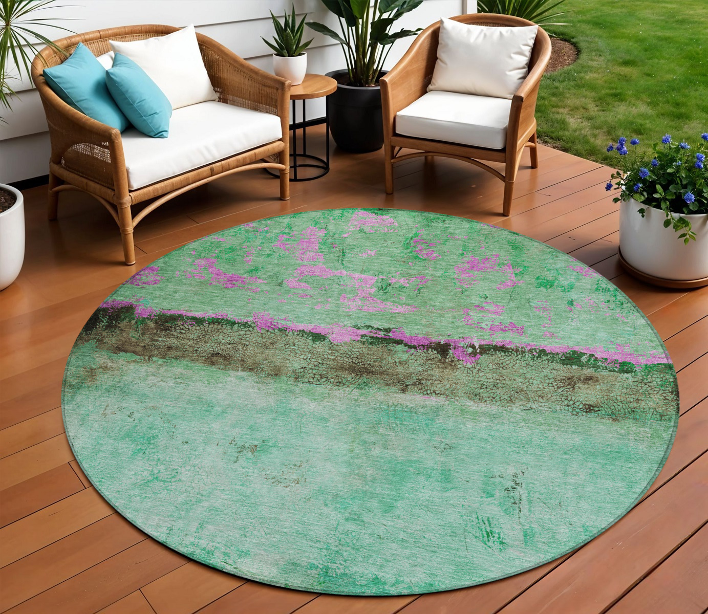 8' Green And Pink Round Abstract Washable Indoor Outdoor Area Rug-618609-1