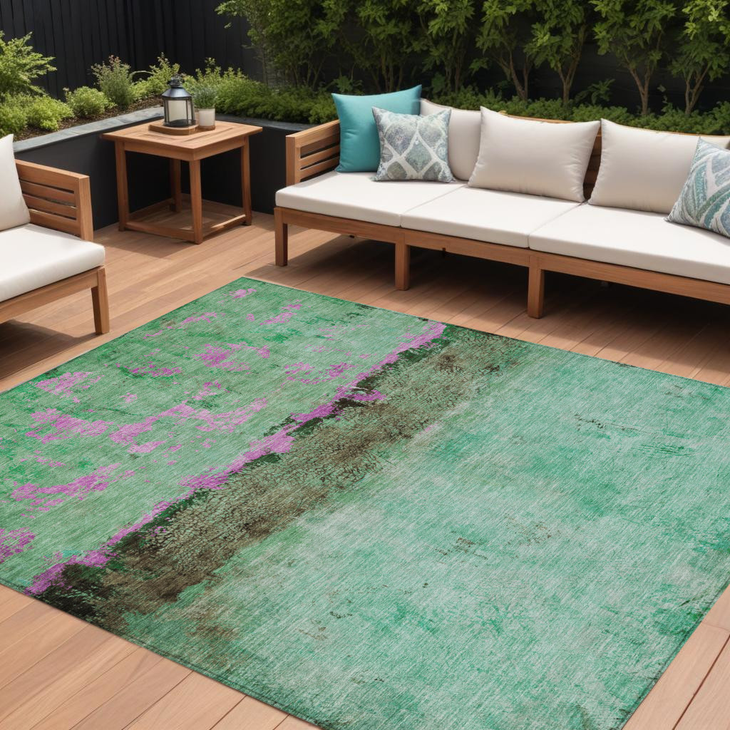 9' X 12' Green And Pink Abstract Washable Indoor Outdoor Area Rug-618611-1