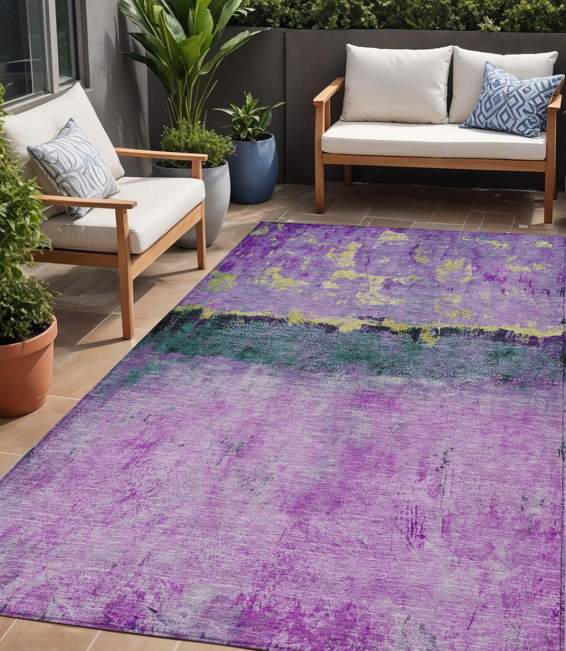5' X 8' Plum And Gold Abstract Washable Indoor Outdoor Area Rug-618614-1