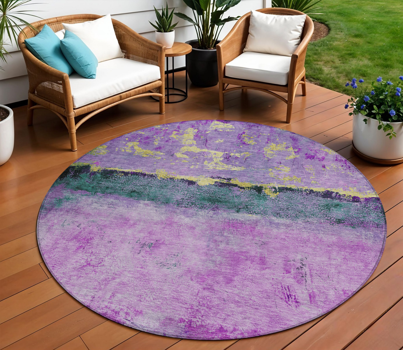 8' Plum And Gold Round Abstract Washable Indoor Outdoor Area Rug-618615-1