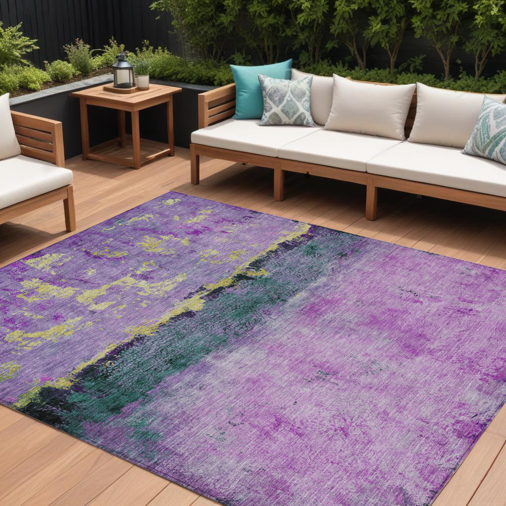 10' X 14' Plum And Gold Abstract Washable Indoor Outdoor Area Rug-618618-1