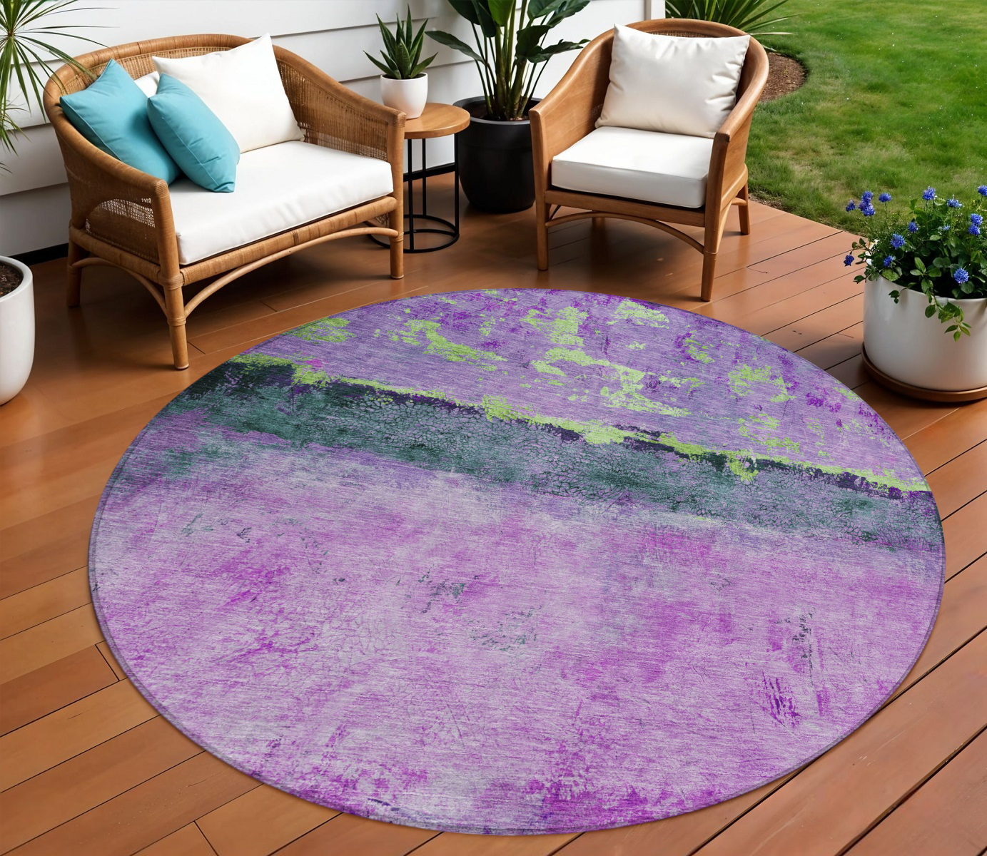 8' Purple And Mint Green Round Abstract Washable Indoor Outdoor Area Rug-618621-1
