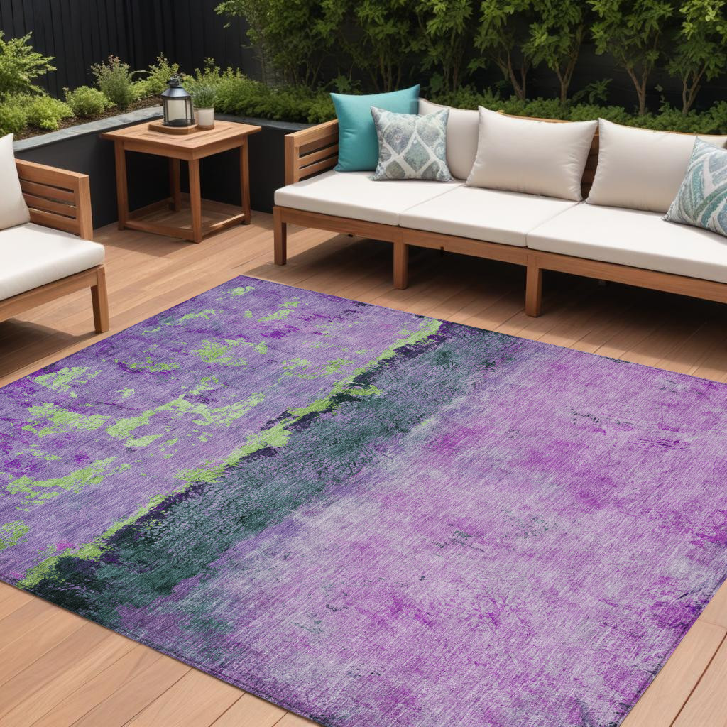 10' X 14' Purple And Mint Green Abstract Washable Indoor Outdoor Area Rug-618624-1