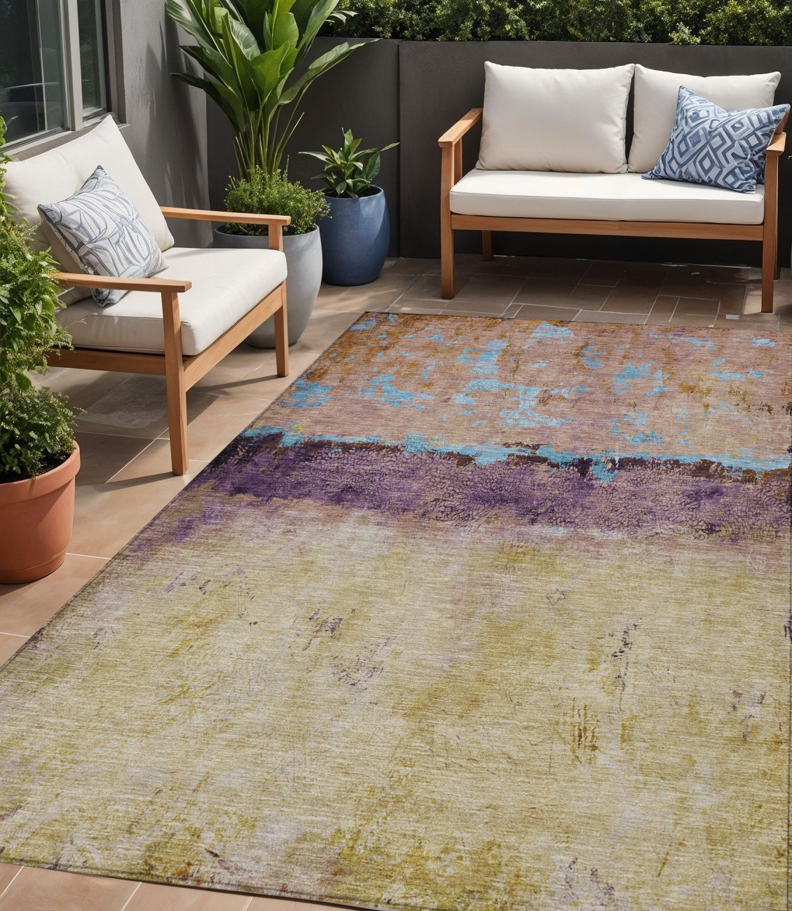 5' X 8' Salmon And Sky Blue Abstract Washable Indoor Outdoor Area Rug-618626-1