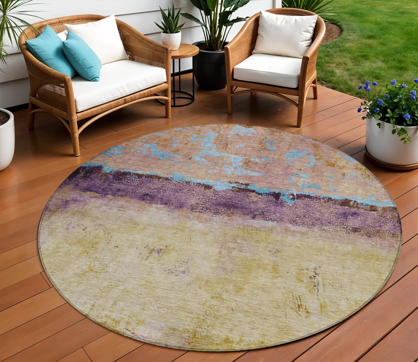 8' Salmon And Sky Blue Round Abstract Washable Indoor Outdoor Area Rug-618627-1