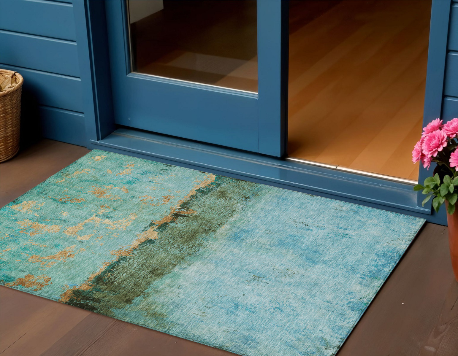 3' X 5' Teal Blue And Gold Abstract Washable Indoor Outdoor Area Rug-618631-1