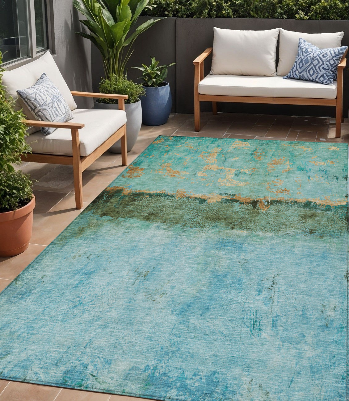 5' X 8' Teal Blue And Gold Abstract Washable Indoor Outdoor Area Rug-618632-1