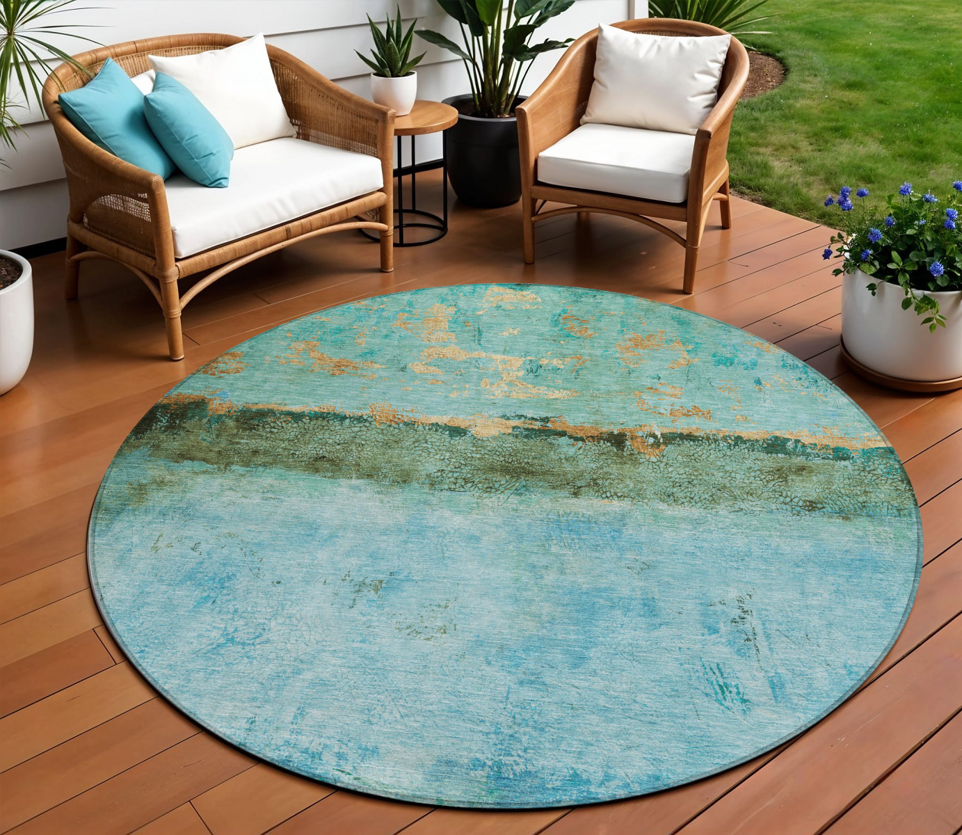 8' Teal Blue And Gold Round Abstract Washable Indoor Outdoor Area Rug-618633-1