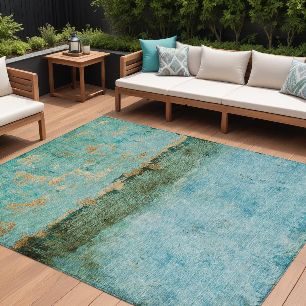 9' X 12' Teal Blue And Gold Abstract Washable Indoor Outdoor Area Rug-618635-1