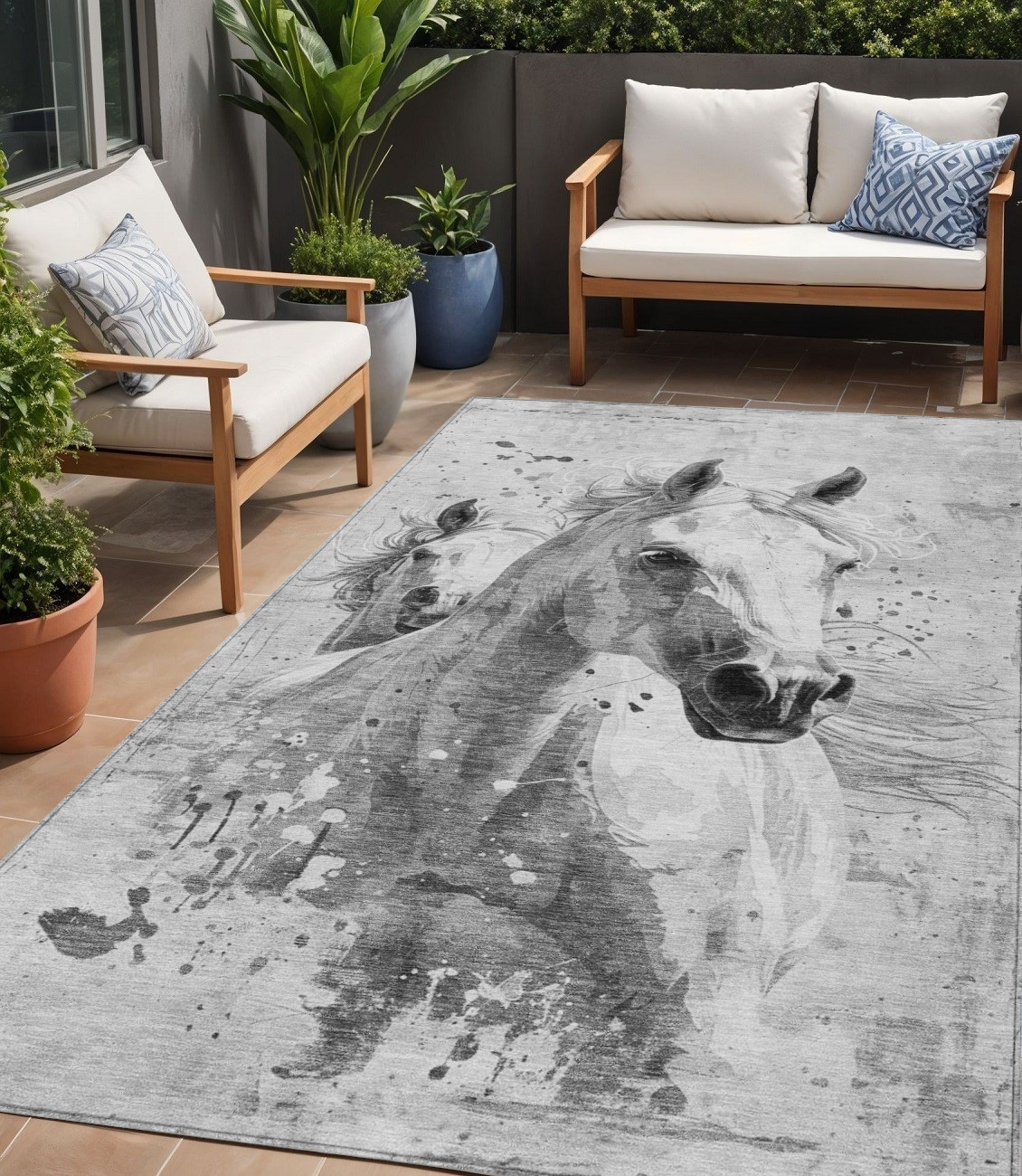 5' X 8' Gray And Silver Horse Washable Indoor Outdoor Area Rug-618680-1