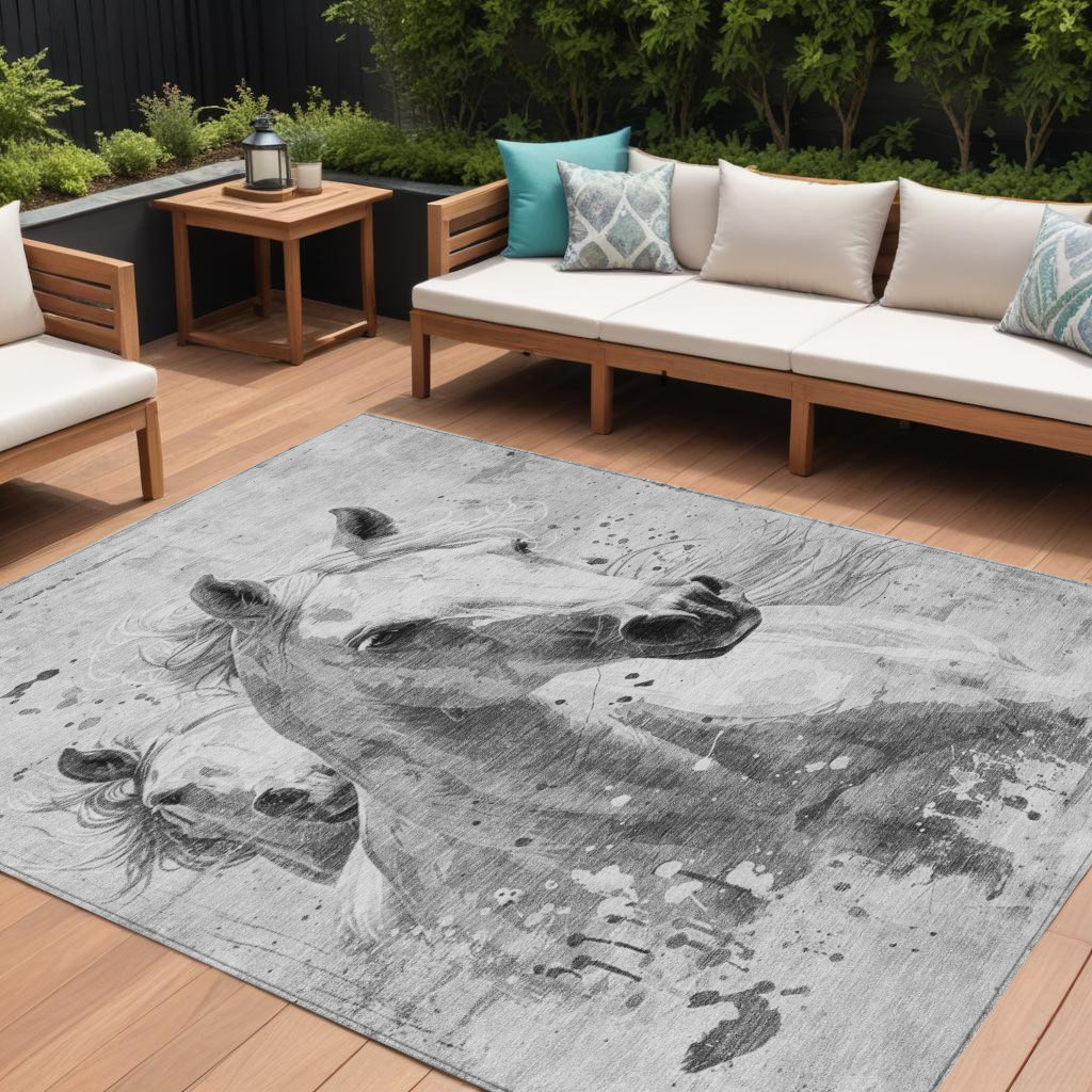 8' X 10' Gray And Silver Horse Washable Indoor Outdoor Area Rug-618682-1