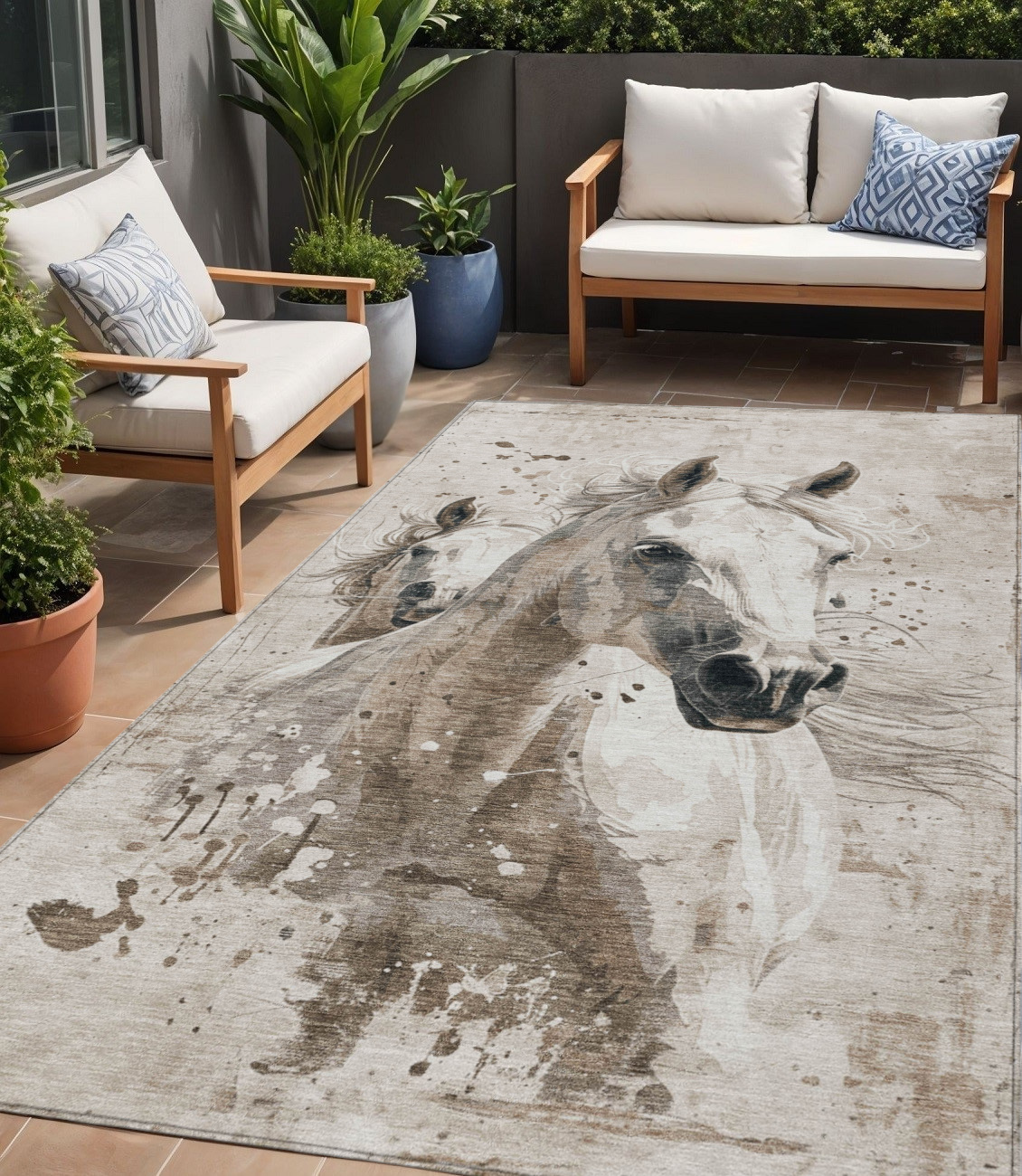 5' X 8' Ivory And Gray Horse Washable Indoor Outdoor Area Rug-618686-1