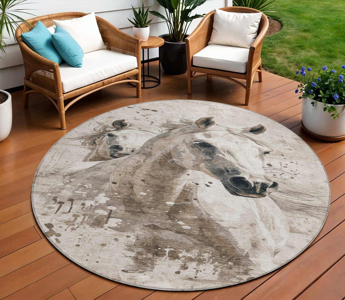 8' Ivory And Gray Round Horse Washable Indoor Outdoor Area Rug-618687-1
