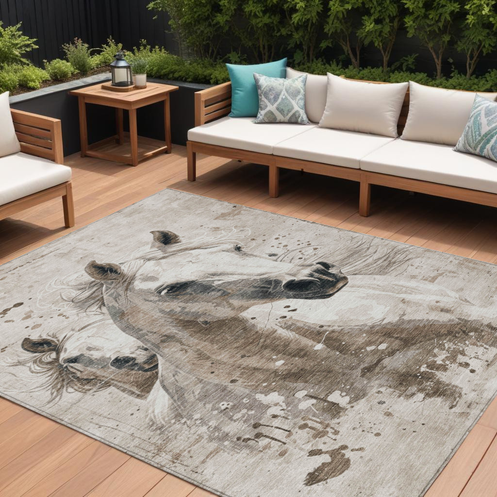 9' X 12' Ivory And Gray Horse Washable Indoor Outdoor Area Rug-618689-1