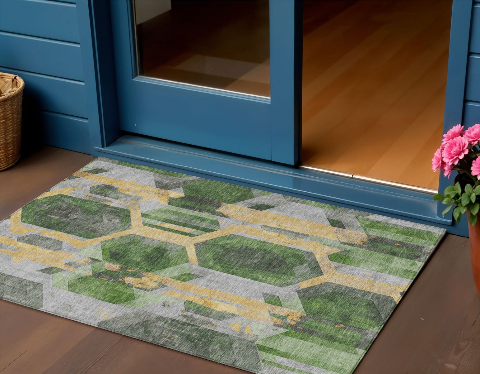 3' X 5' Green Gold And Silver Geometric Washable Indoor Outdoor Area Rug-618745-1