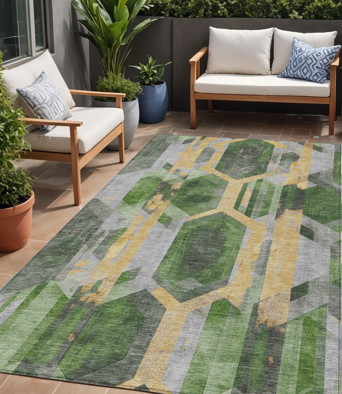 5' X 8' Green Gold And Silver Geometric Washable Indoor Outdoor Area Rug-618746-1