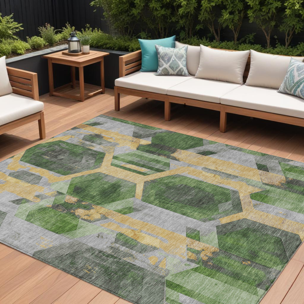 10' X 14' Green Gold And Silver Geometric Washable Indoor Outdoor Area Rug-618750-1