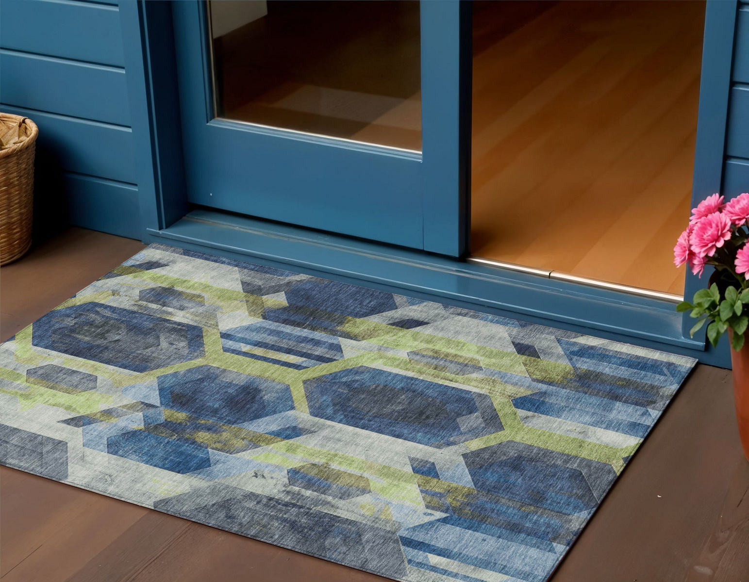 3' X 5' Navy Blue Gold And Silver Geometric Washable Indoor Outdoor Area Rug-618751-1
