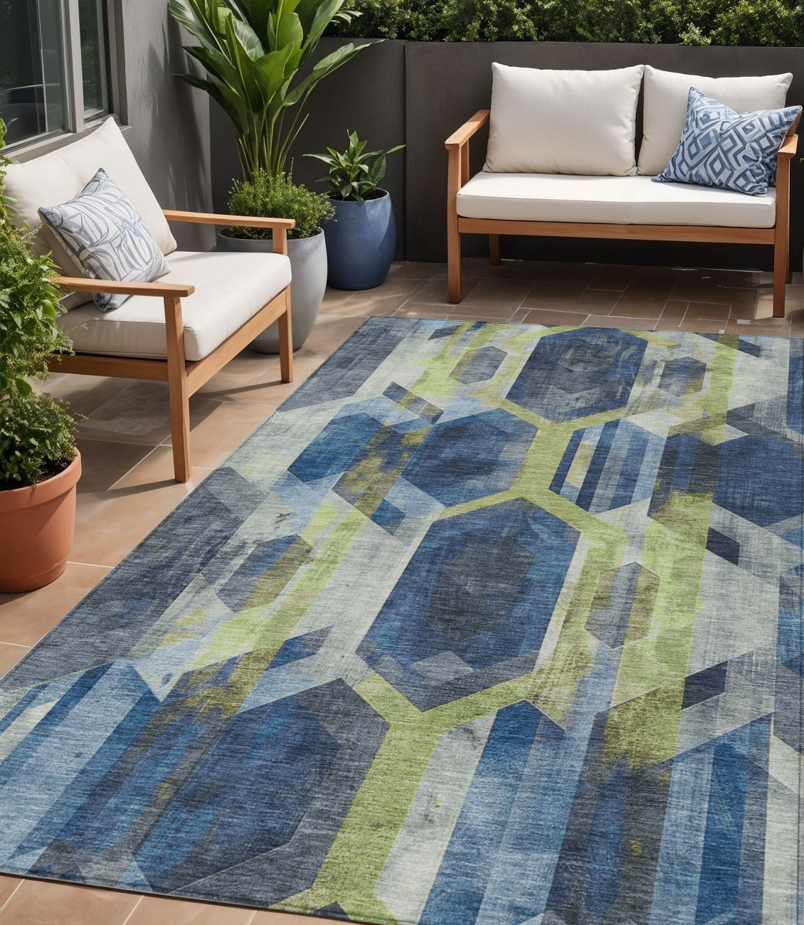 5' X 8' Navy Blue Gold And Silver Geometric Washable Indoor Outdoor Area Rug-618752-1