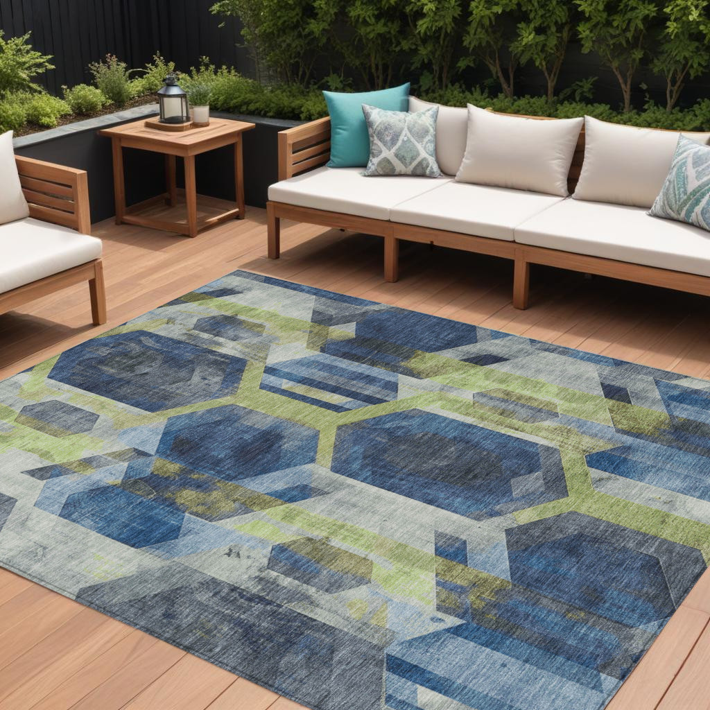 8' X 10' Navy Blue Gold And Silver Geometric Washable Indoor Outdoor Area Rug-618754-1