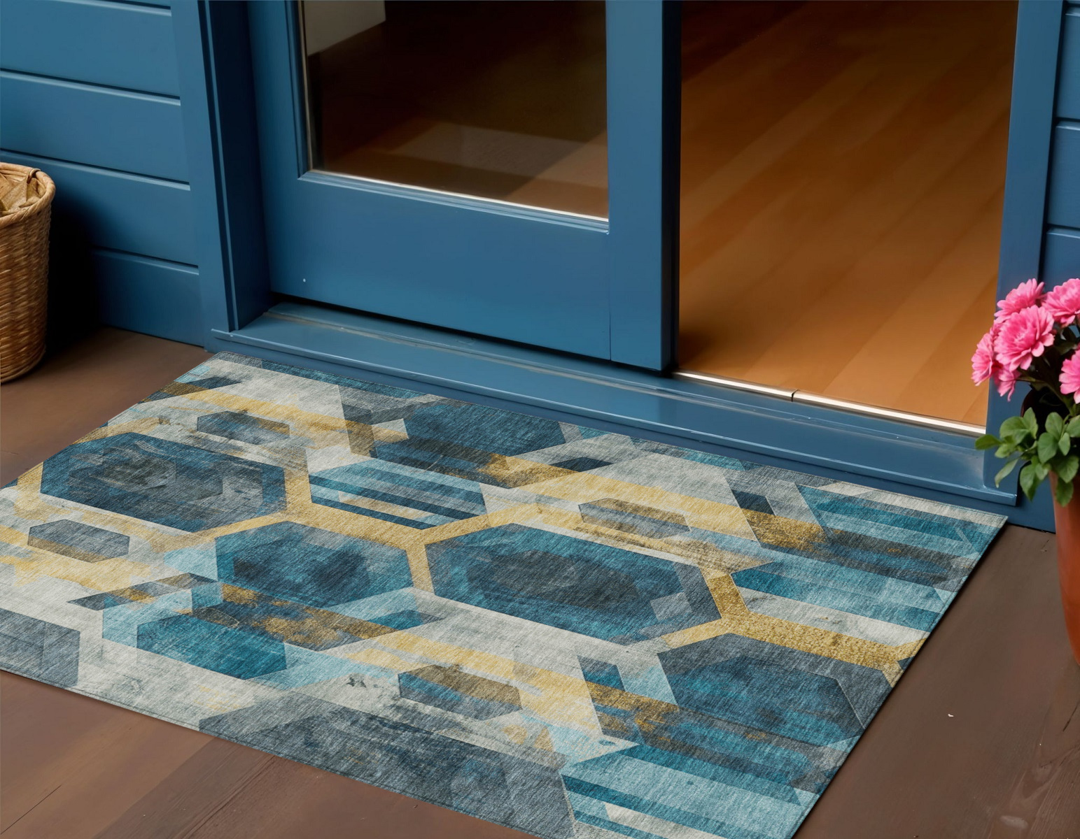 3' X 5' Teal Blue Gold And Silver Geometric Washable Indoor Outdoor Area Rug-618757-1