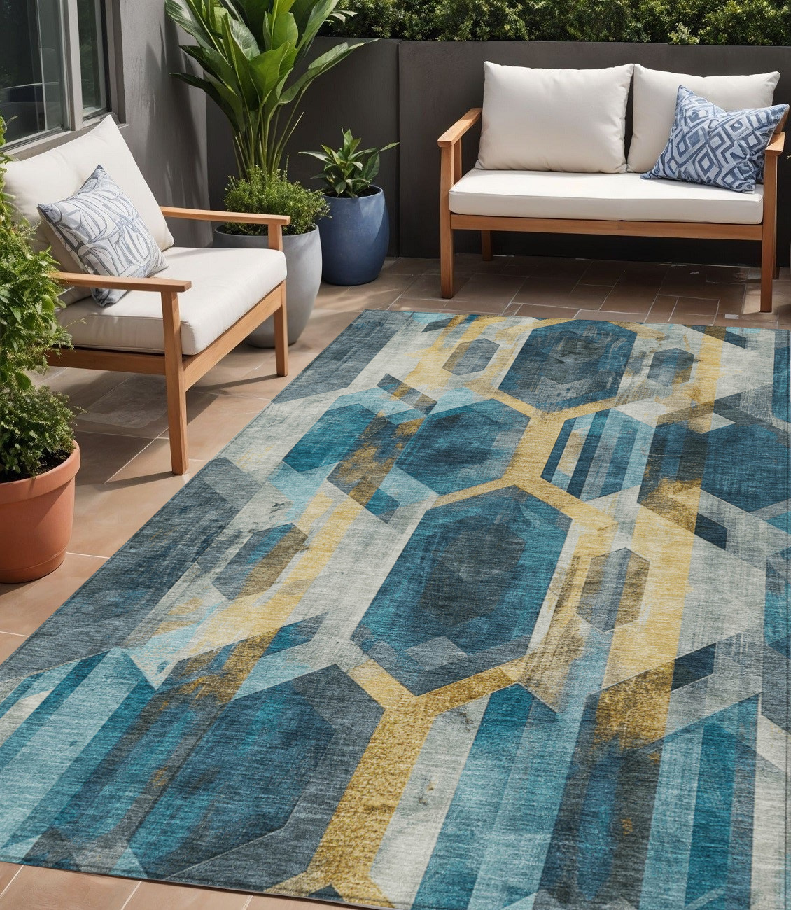 5' X 8' Teal Blue Gold And Silver Geometric Washable Indoor Outdoor Area Rug-618758-1