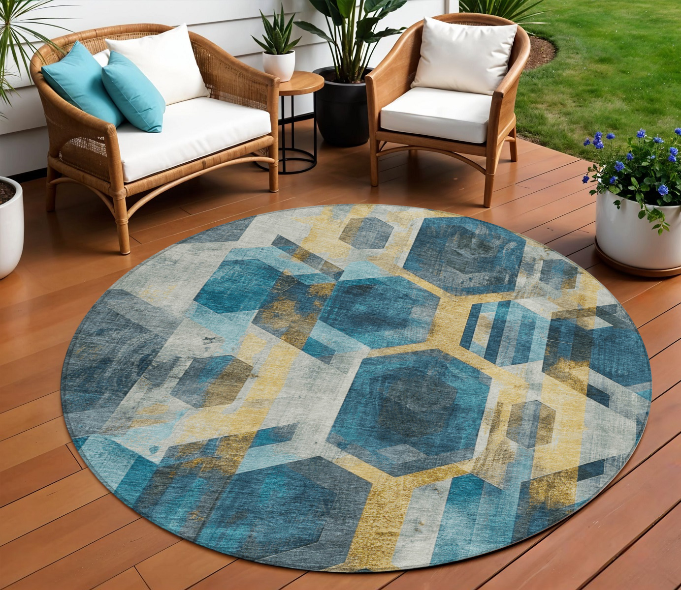 8' Teal Blue Gold And Silver Round Geometric Washable Indoor Outdoor Area Rug-618759-1