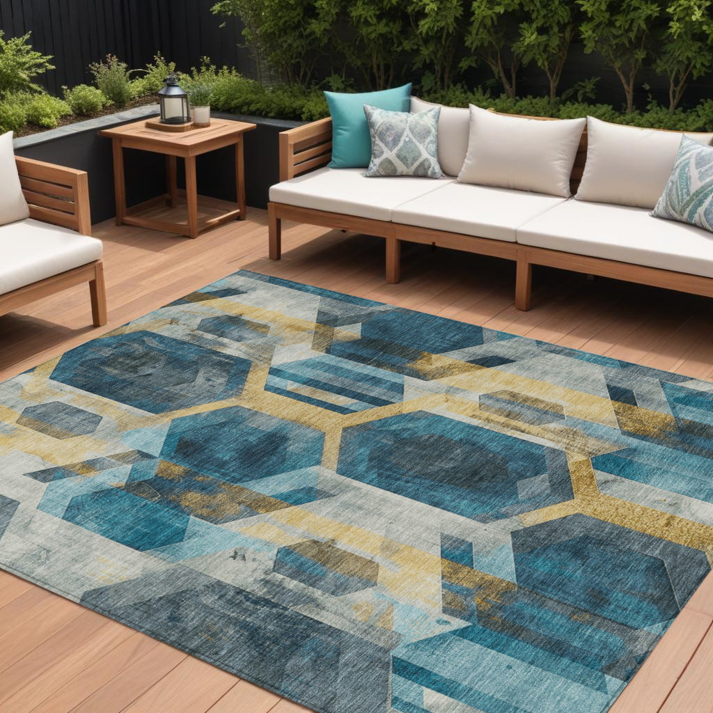 10' X 14' Teal Blue Gold And Silver Geometric Washable Indoor Outdoor Area Rug-618762-1