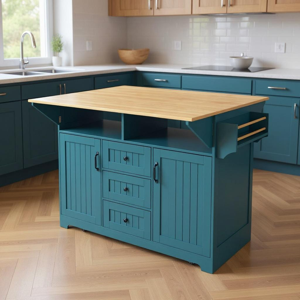 56" Teal Blue Wood Barn Door Rolling Kitchen Island With Storage With ...