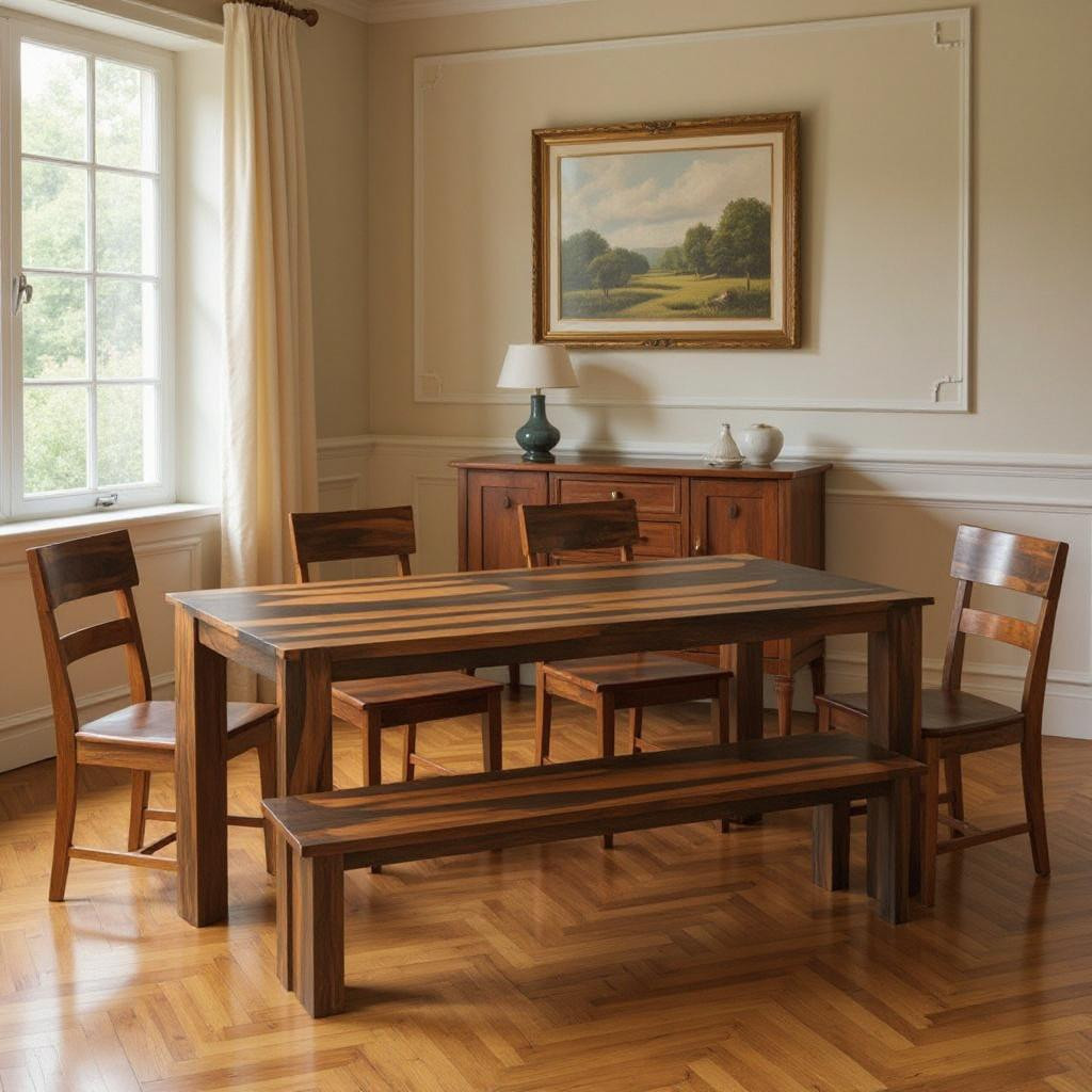 Seven Piece Brown Solid Wood Dining Set with Six Chairs and One Bench ...