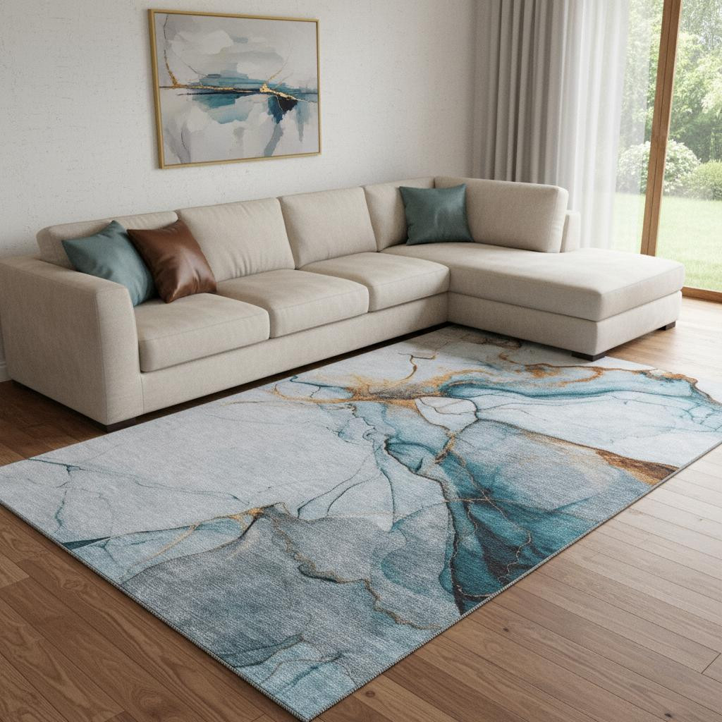 8' X 10' Sky Blue Copper And Ivory Abstract Washable Area Rug With UV ...