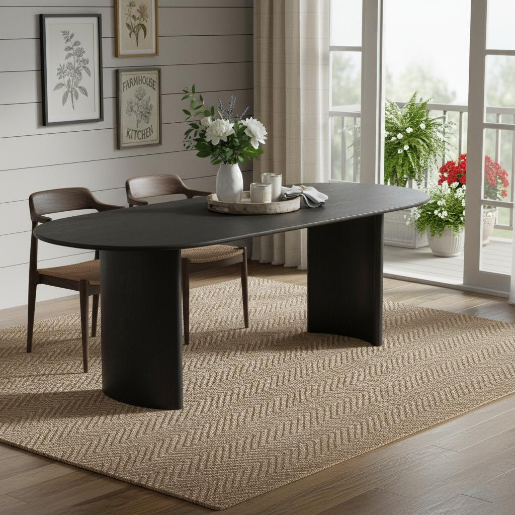 79" Black Solid Wood Double Pedestal Base Oval Dining Table | HomeRoots