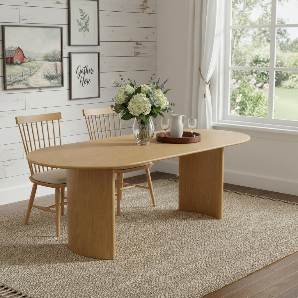 79" Natural Solid Wood Double Pedestal Base Oval Dining Table | HomeRoots