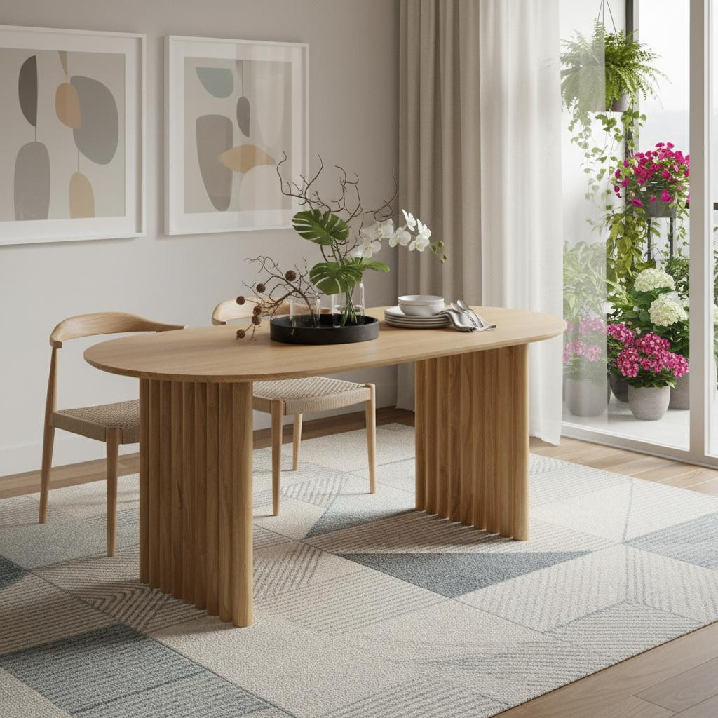 67" Natural Solid Wood Double Pedestal Base Oval Dining Table | HomeRoots