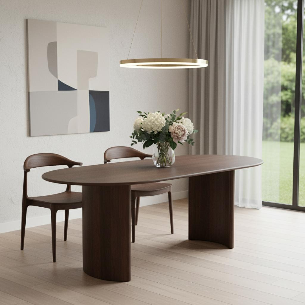 66" Brown Solid Wood Double Pedestal Base Oval Dining Table | HomeRoots