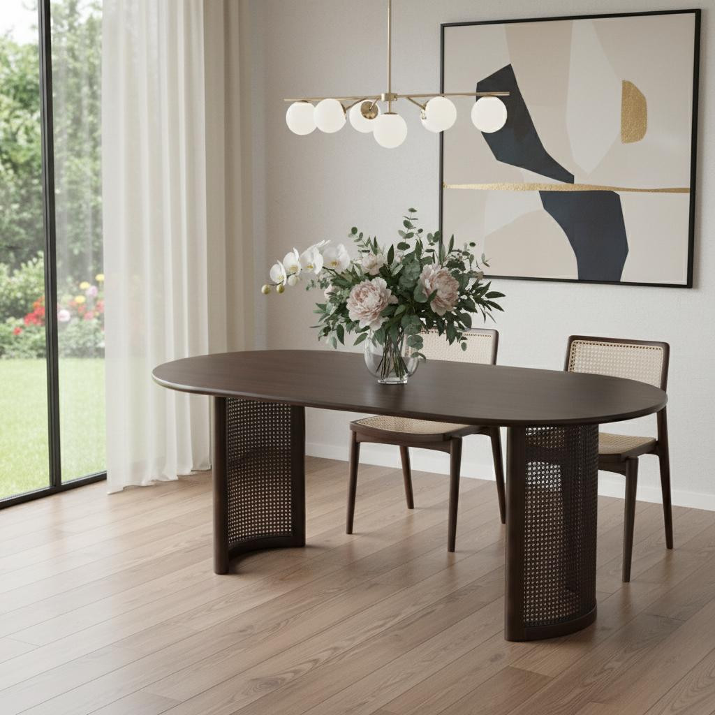 66" Brown Solid Wood Double Pedestal Base Oval Dining Table | HomeRoots